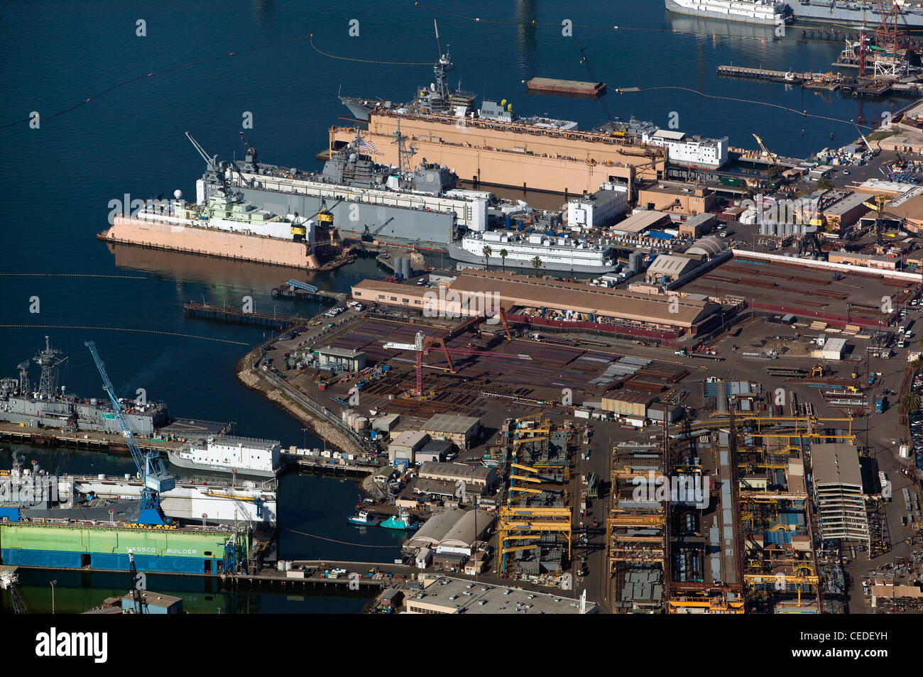 aerial view above General Dynamics NASSCO ship construction yard Port of San Diego Stock Photo