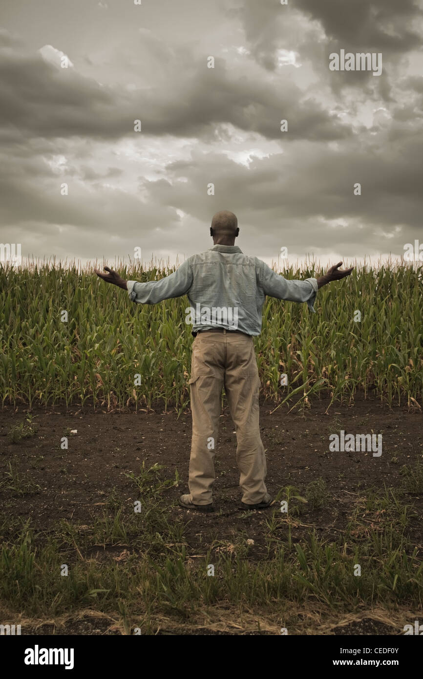 African American farmer standing in field with arms outstretched Stock Photo