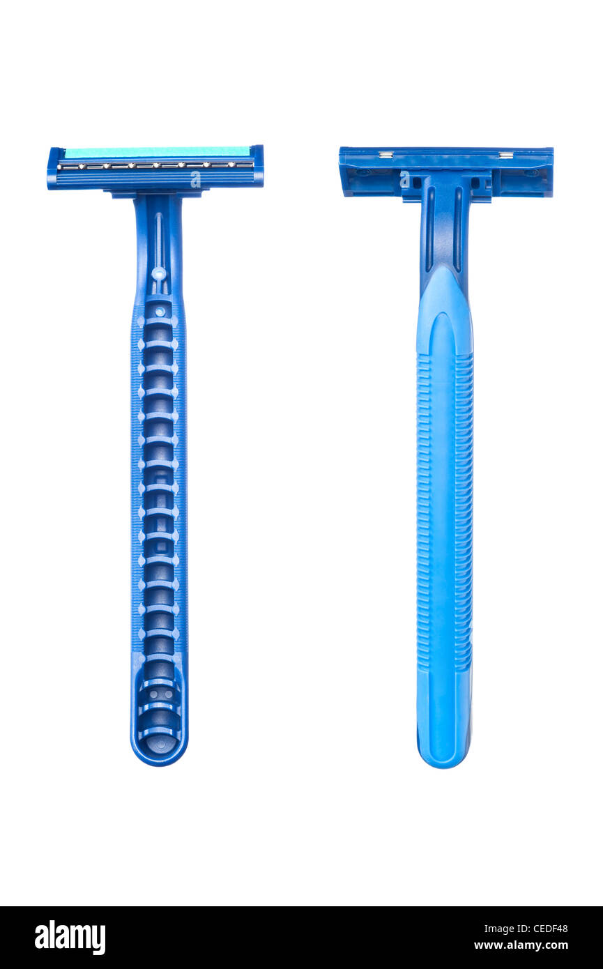 New disposable razor blade shows the front and back of a blue handle shaving accessory. Stock Photo