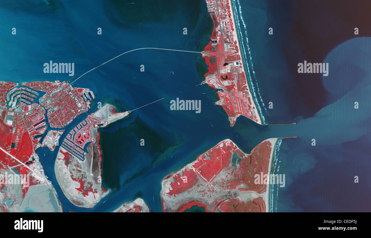 aerial infrared photo map Port Isabel Padre Island Port Brownsville ship channel Texas Stock Photo