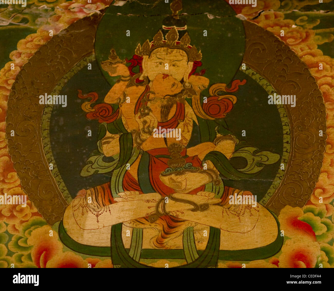 Wall mural painting in a monastery in Kalimpong, India. Age is over a few hundred years. Stock Photo