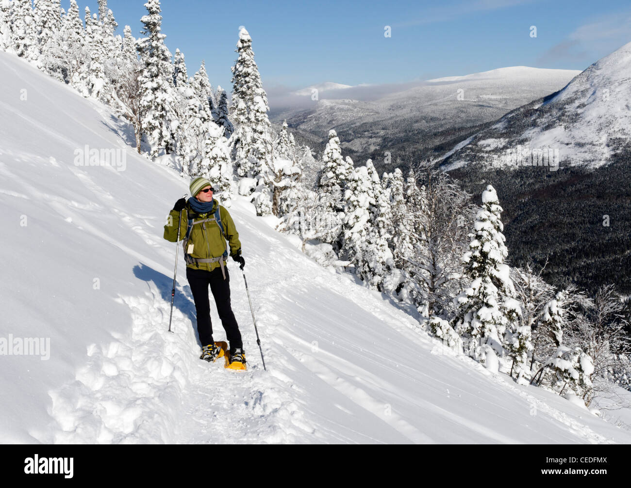 A young woman snowshoeing in the Chic Chocs, Parc de la Gaspesie, Quebec Stock Photo