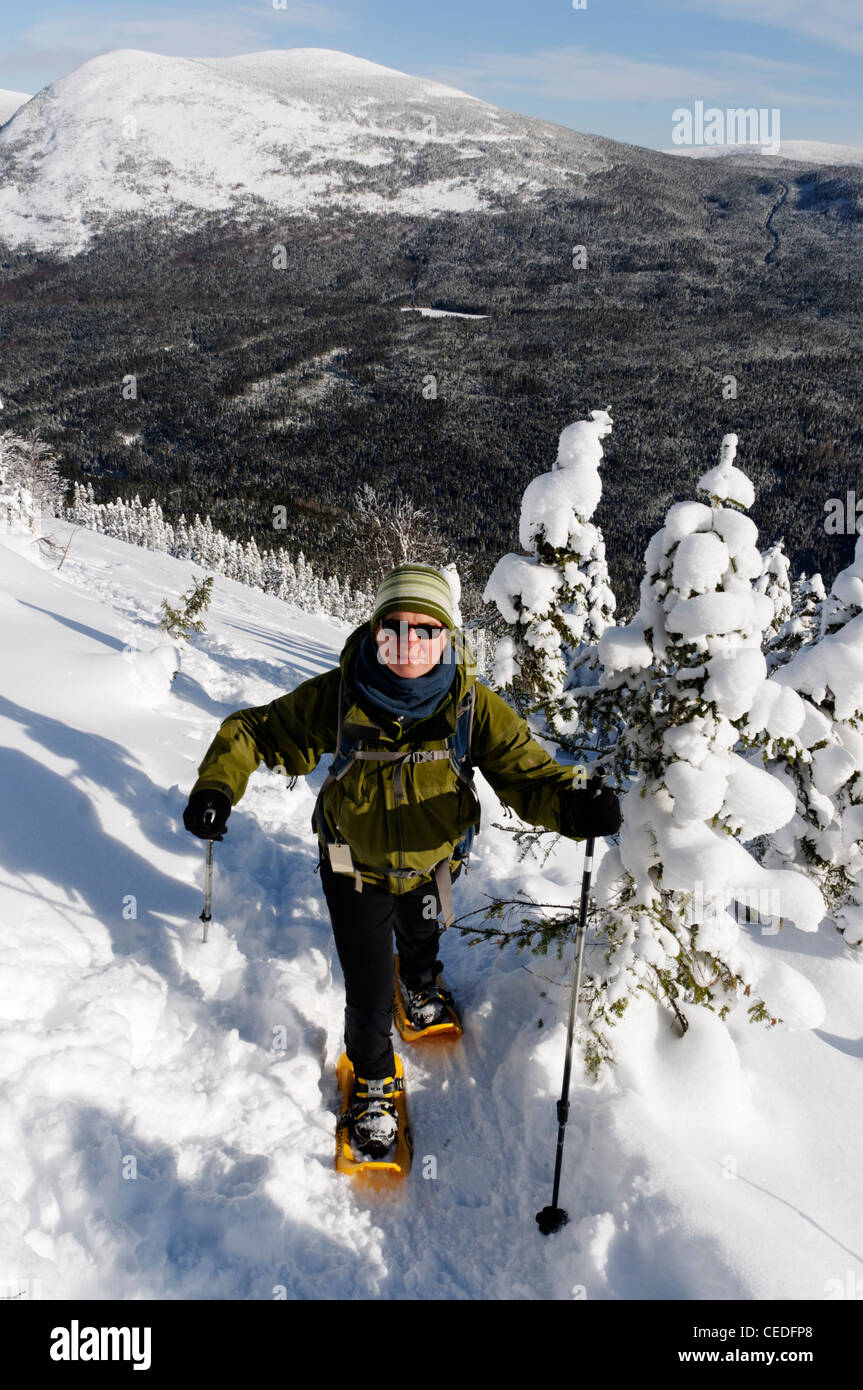 A young woman snowshoeing in the Chic Chocs, Parc de la Gaspesie, Quebec Stock Photo