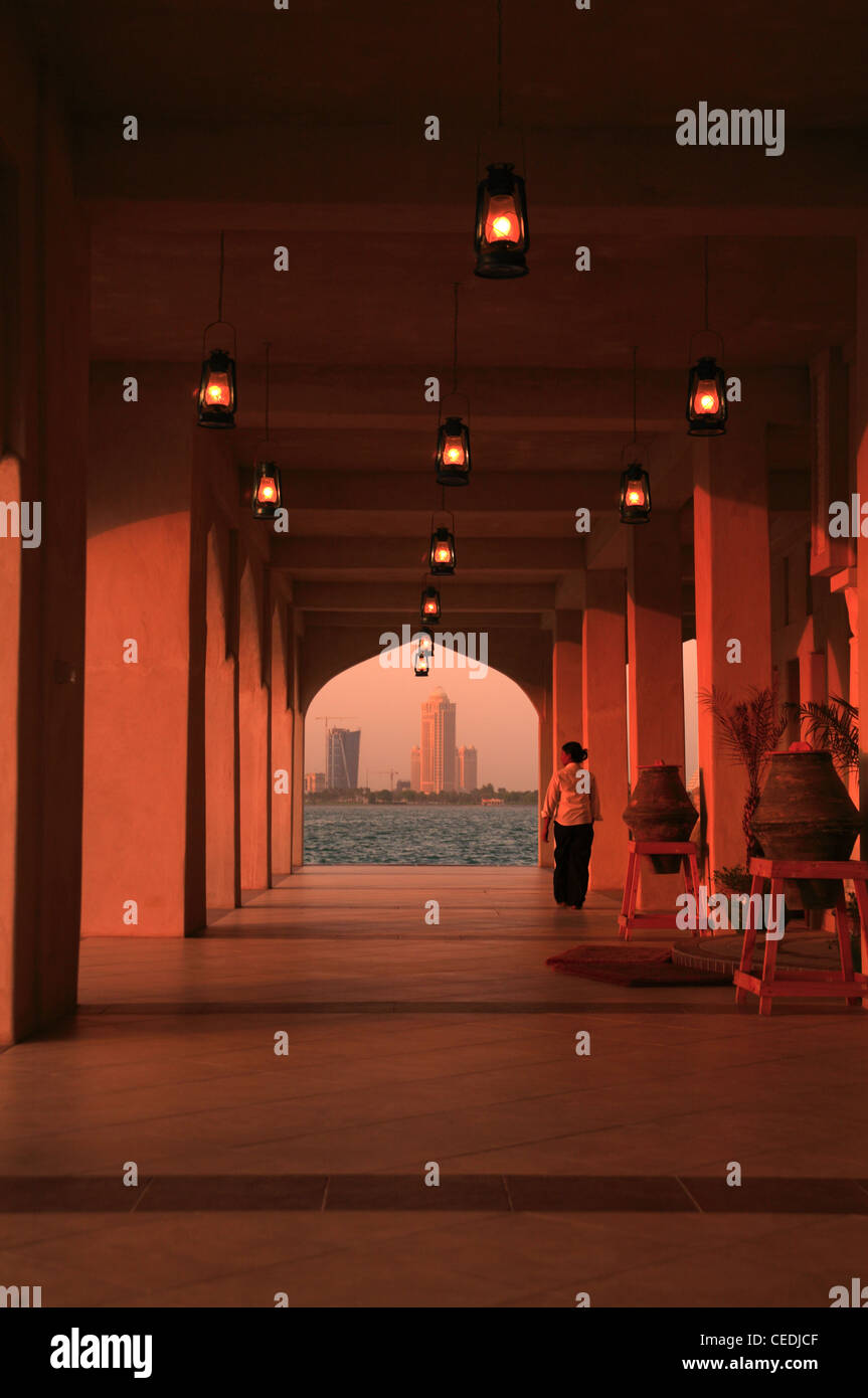 Doha Corniche At Sunset With Downtown Doha On The Horizon Stock