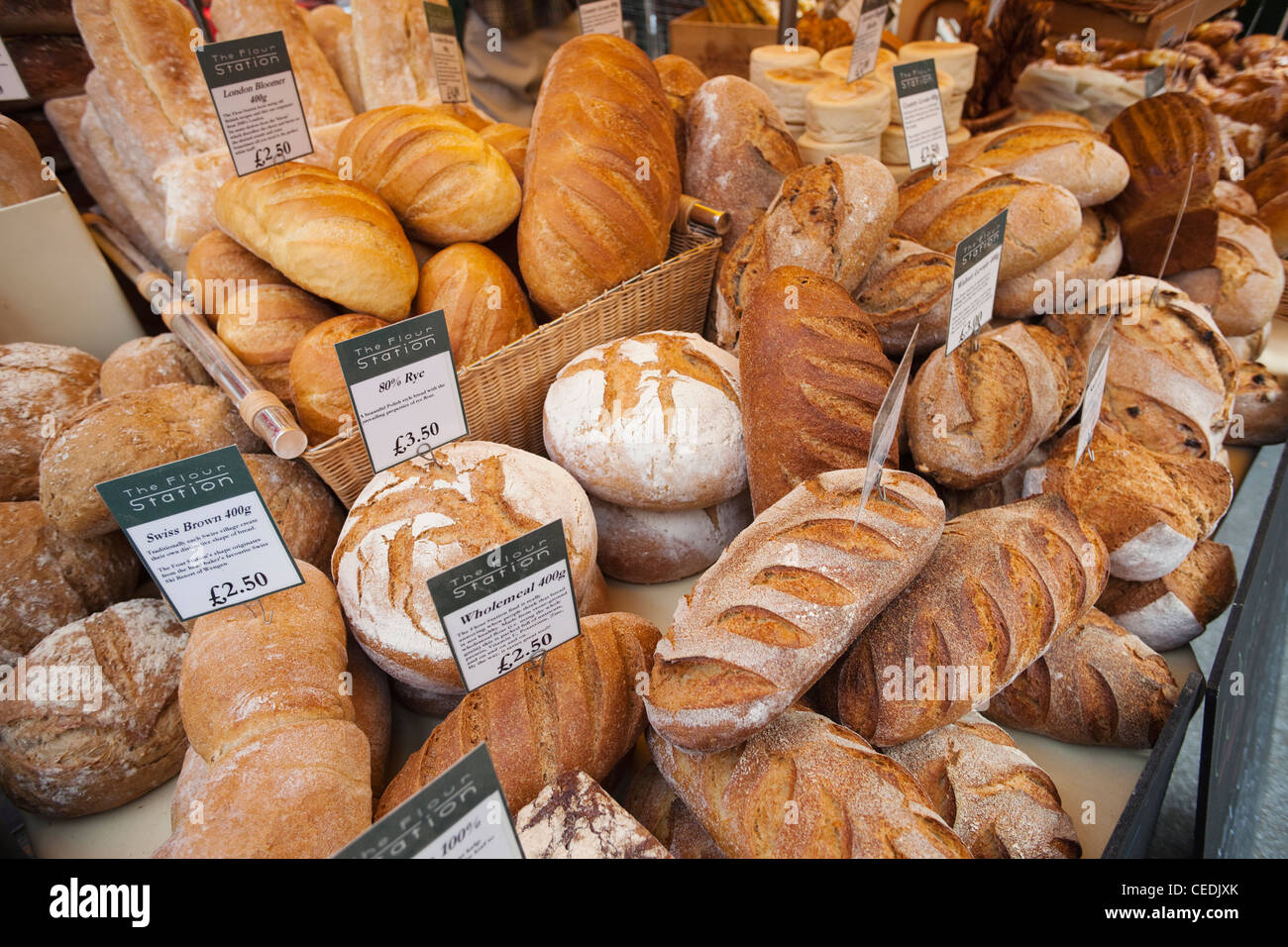 England, London, Southwark, Borough Market, Bakery, Bread Display Stock