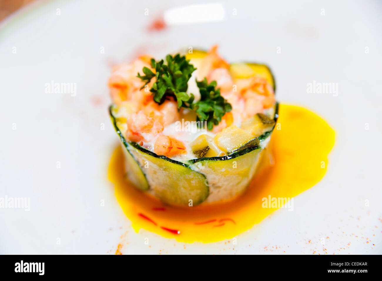 Small shrimp and zucchini pie Stock Photo