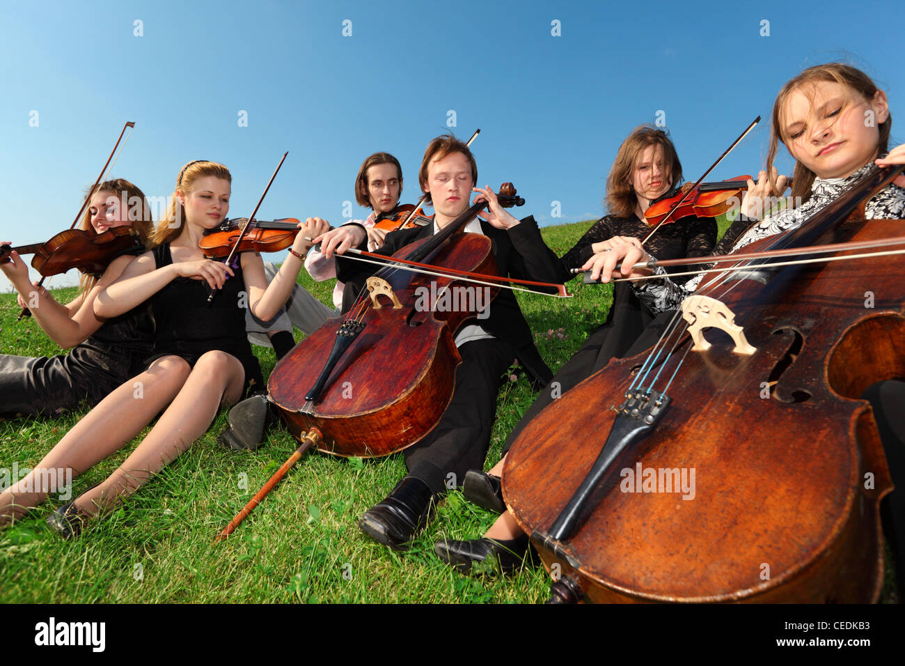 Six violinists sit on  grass and play Stock Photo