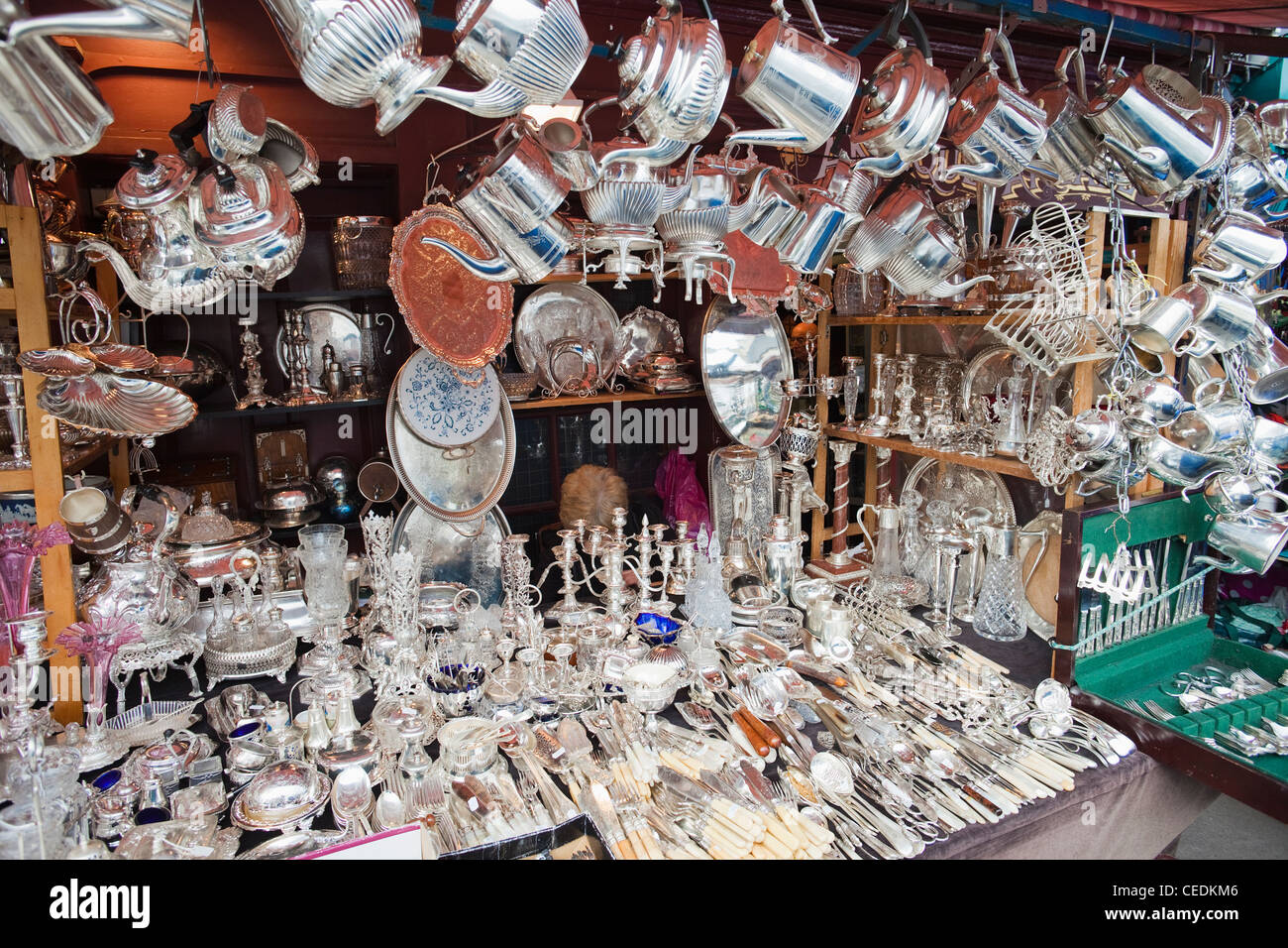 England, London, Antique Silverware Display in Portobello Road Antique Market Stock Photo Alamy