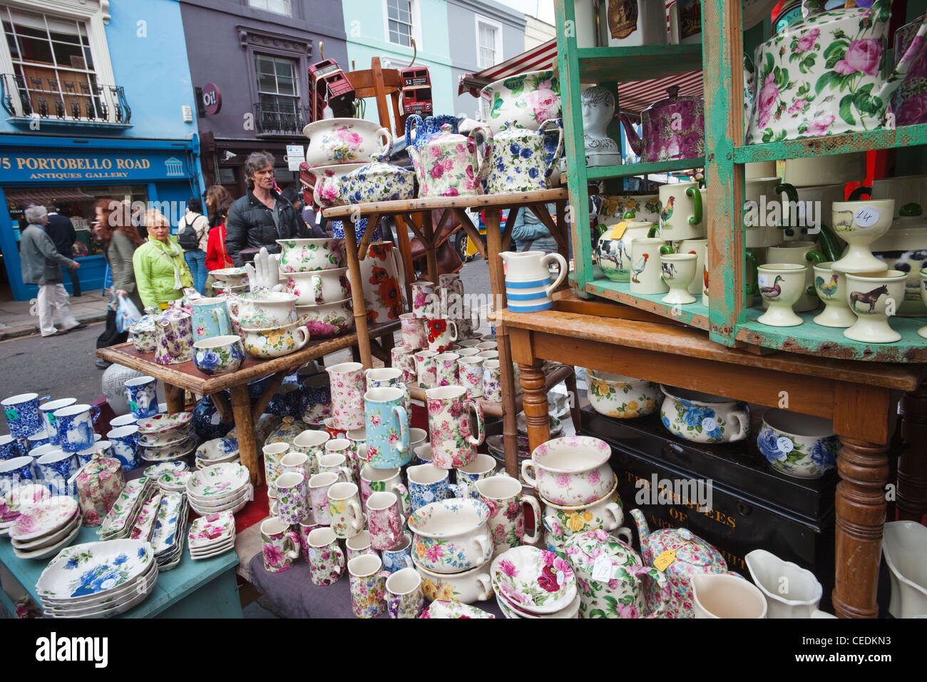 England, London, Antique Stall Display in Portobello Road Antique