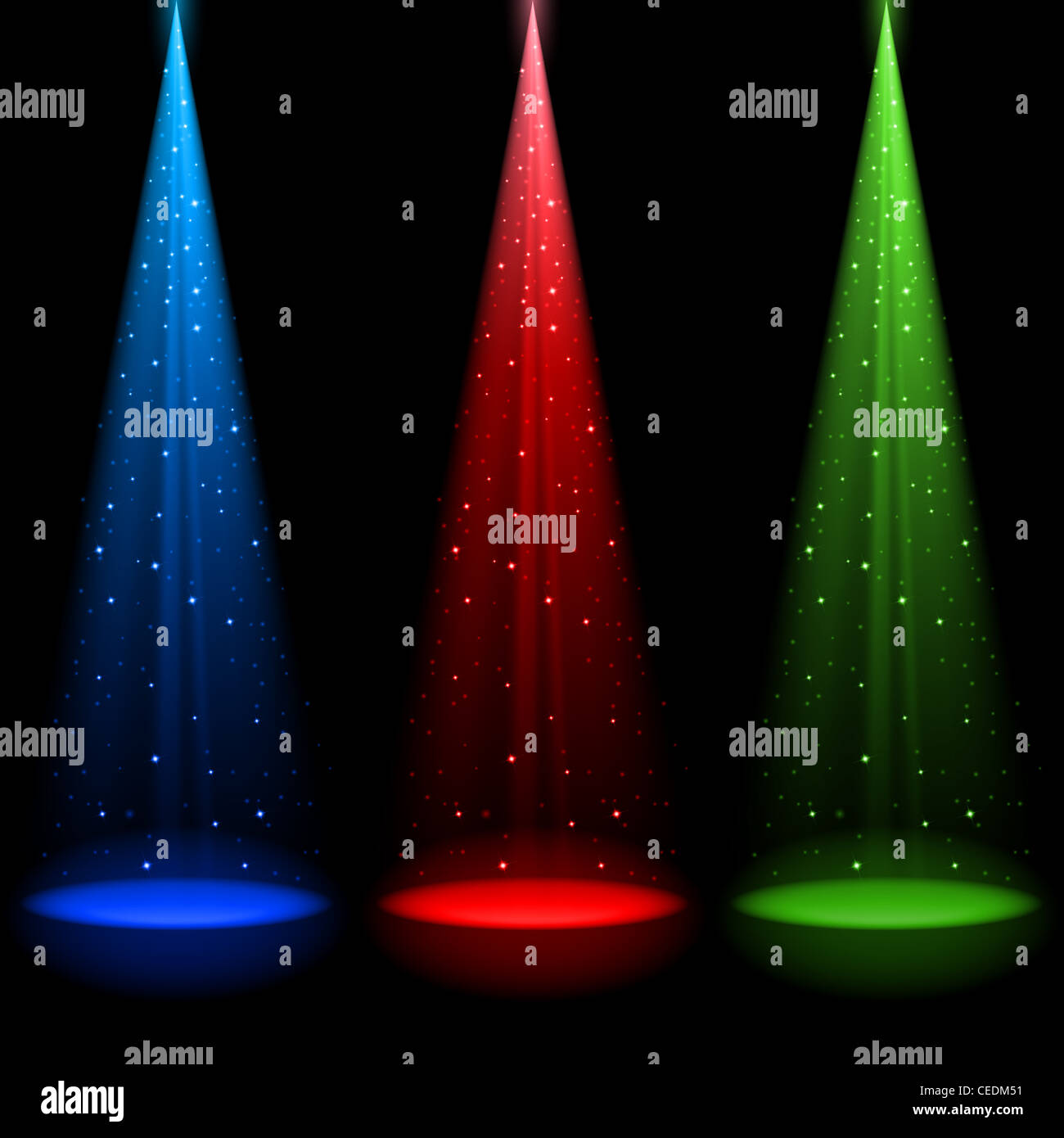 Three conical RGB shafts of light shines a spotlight into the black Stock Photo