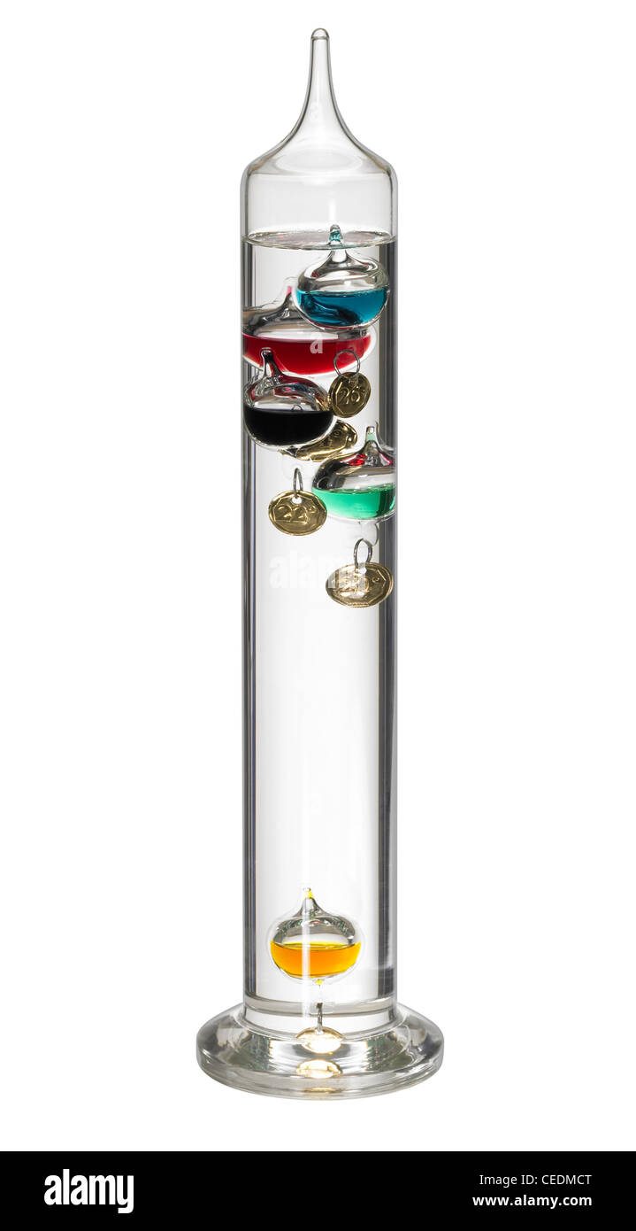 temperature theme showing a Galileo thermometer in white back, with clipping path Stock Photo
