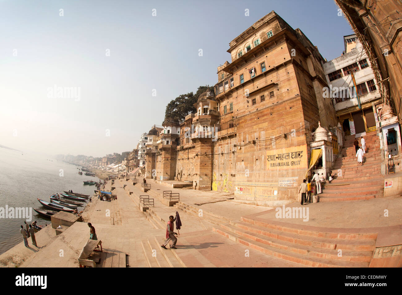 India, Uttar Pradesh, Varanasi, Rana Mahal Ghat, Hotel Elena, heritage mansion beside River Ganges Stock Photo