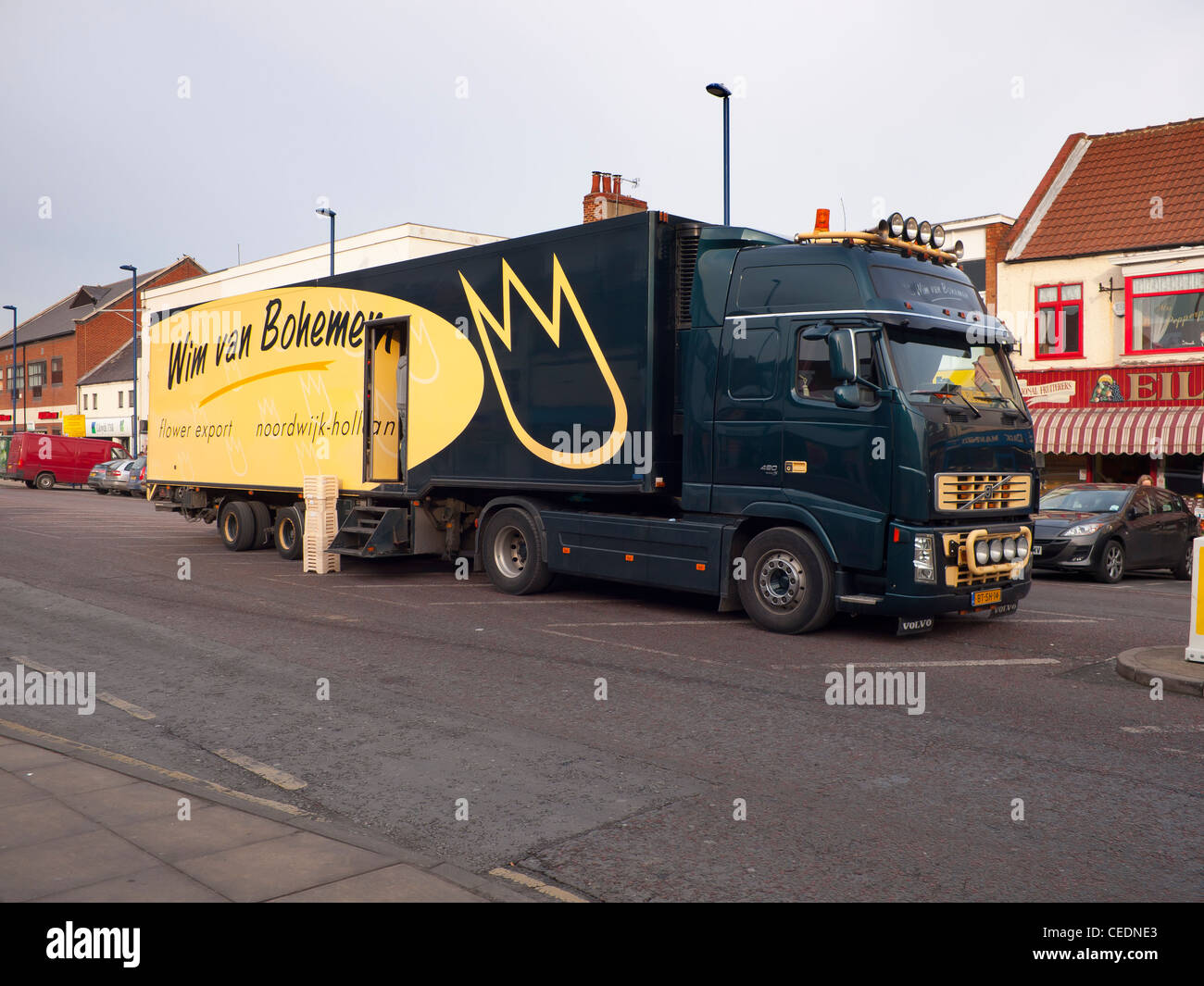 International road transport a large Dutch truck delivering flowers in winter to Redcar a small town in North East England Stock Photo