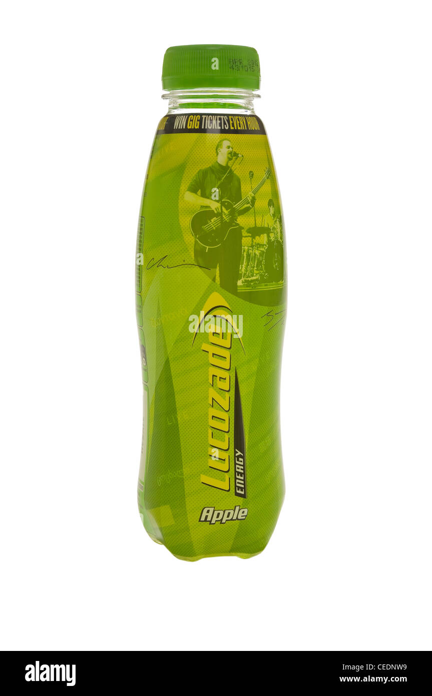 Close up of plastic drinks bottle of Lucozade apple flavoured energy drink Stock Photo