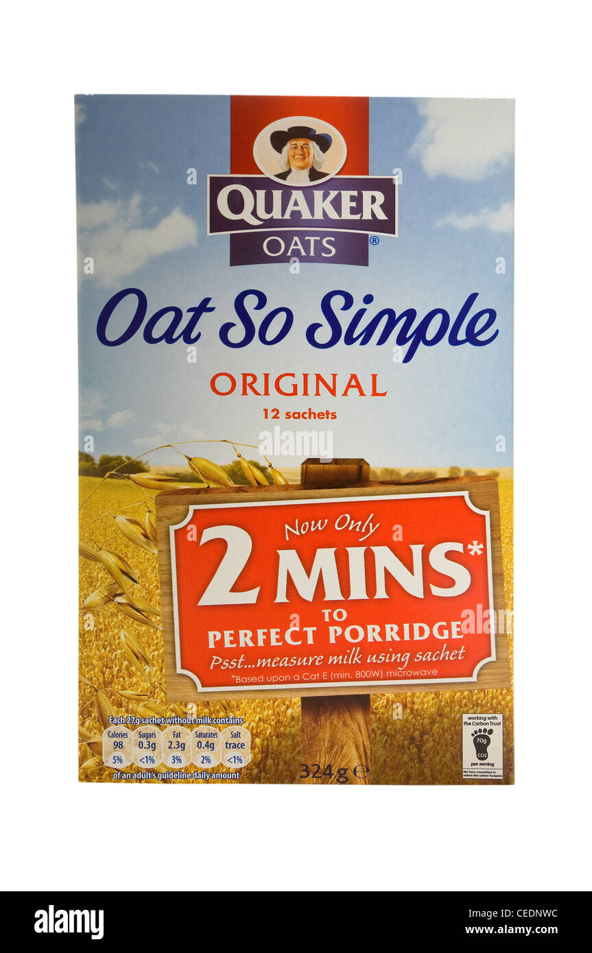 Close up of box packet of Quaker Oats porridge sachets Stock Photo