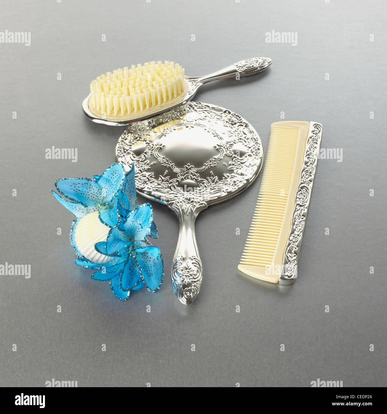 Silver mirror, brush and comb Stock Photo Alamy