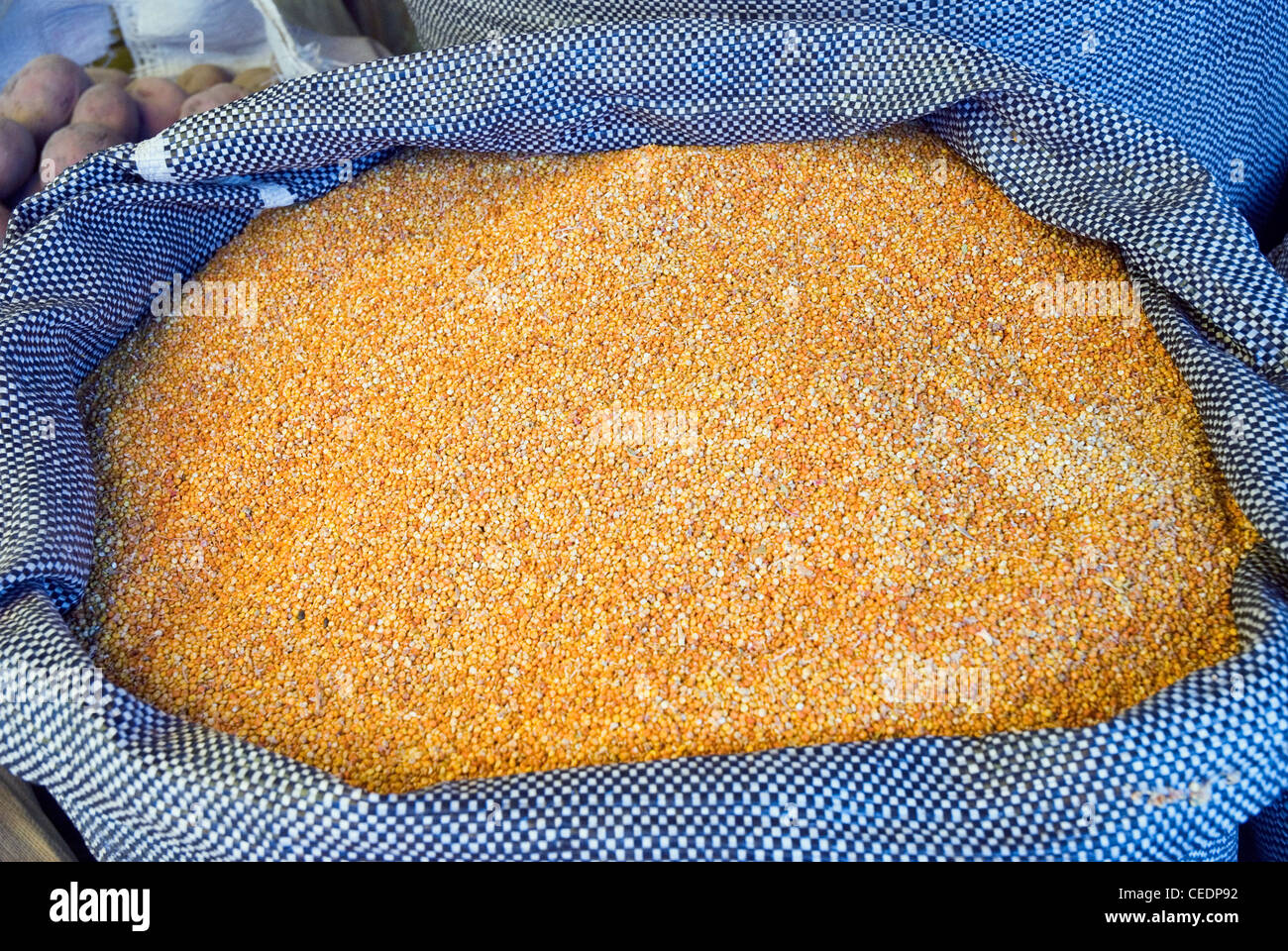 Peru, Calca, sack full of grain at market, close-up Stock Photo