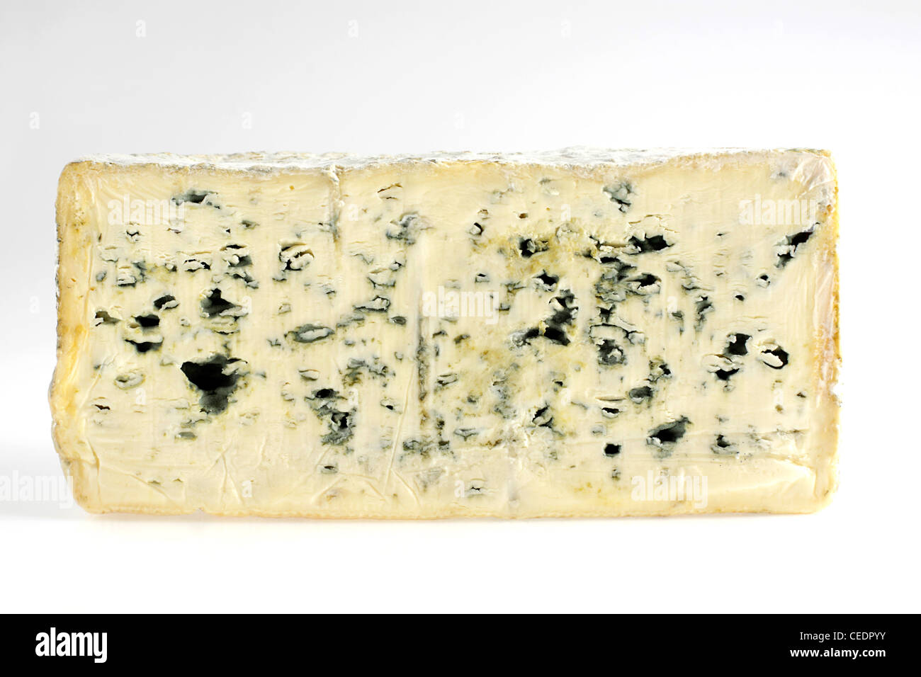 Sliced French Bleu d'Auvergne cow's milk cheese Stock Photo