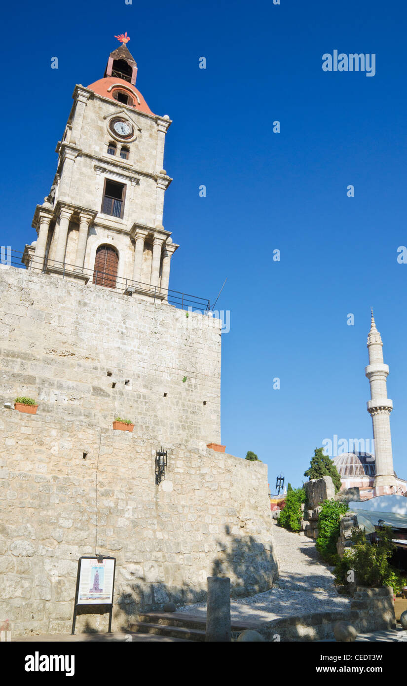 The Clock Tower and mosque minaret and domed in Rhodes Town, Rhodes