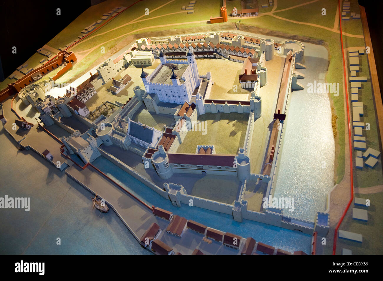 Scale model recreation display of Tower of London shown in medieval times. displayed inside the White tower. Tower of London. UK Stock Photo