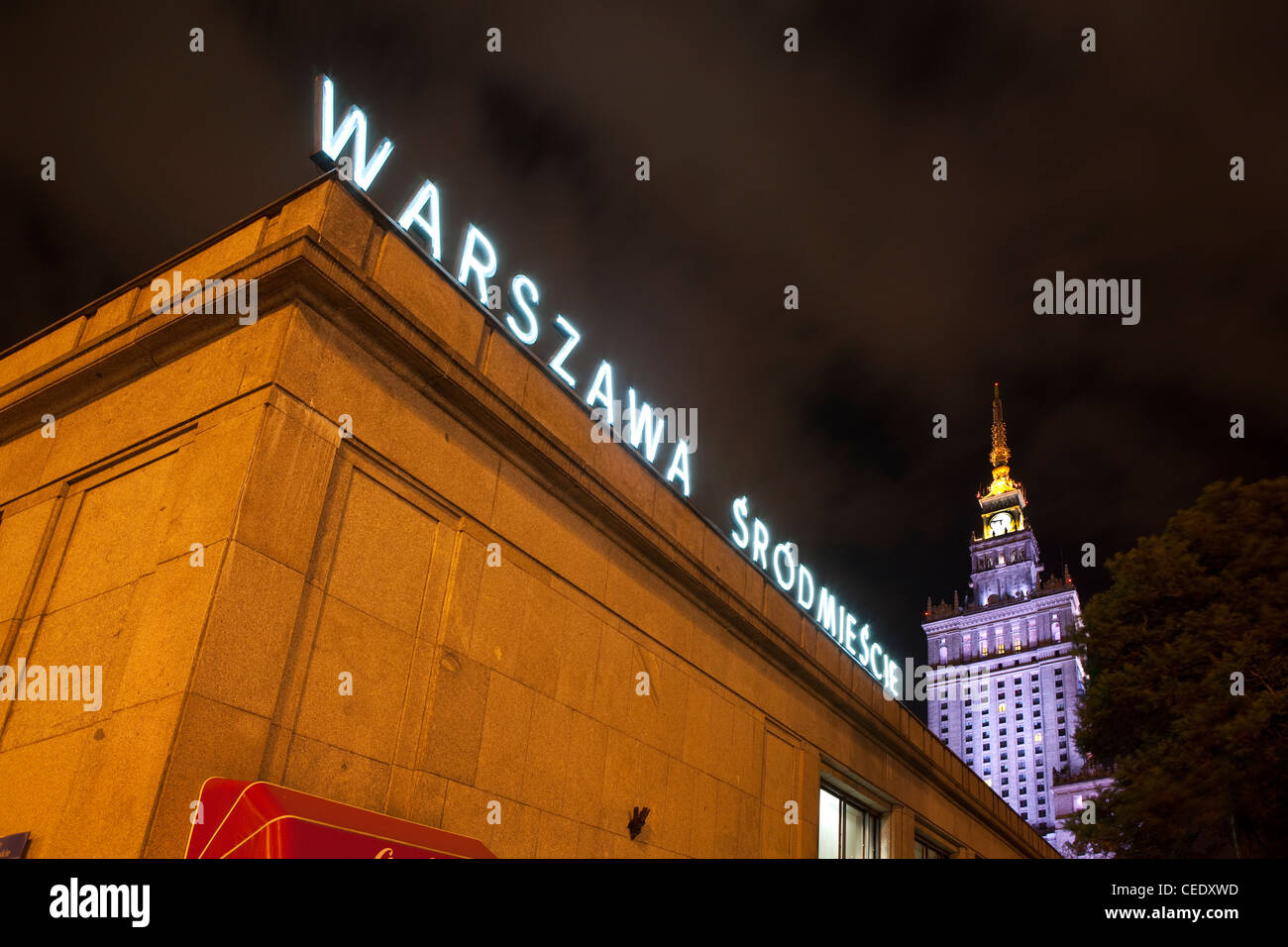 Warsaw, Poland. The Palace of Science and Culture. (Sign reads: Warsaw Station) Stock Photo