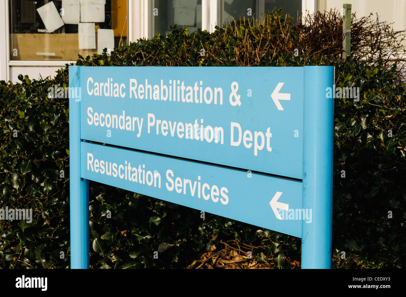 Hospital sign for Cardiac Rehabilitation Department and Resuscitation Services Stock Photo