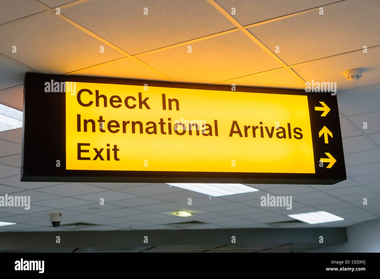 Sign at airport for Check In, International Arrivals and Exit Stock Photo
