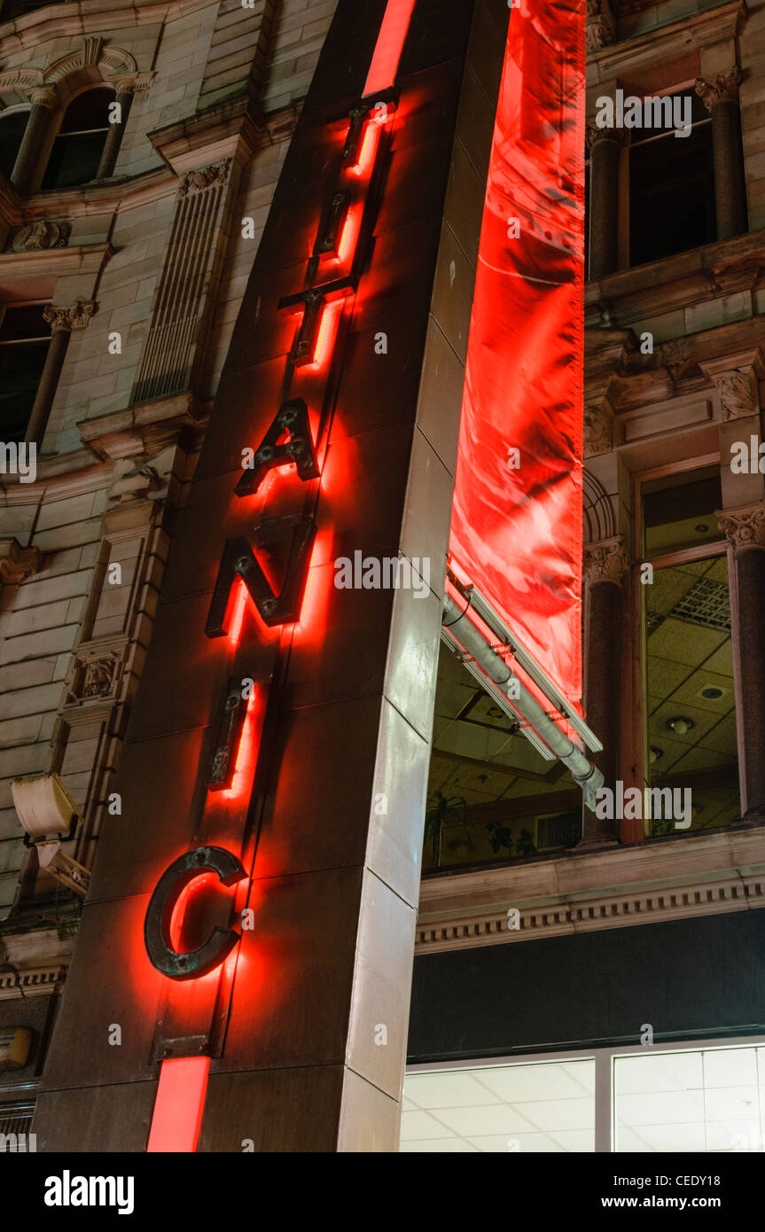 Titanic 'tusk', Donegall Place, Belfast, at night. Stock Photo