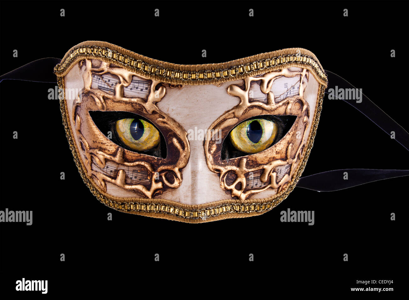 A beautiful venetian mask with music theme and cat eyes isolated in black Stock Photo