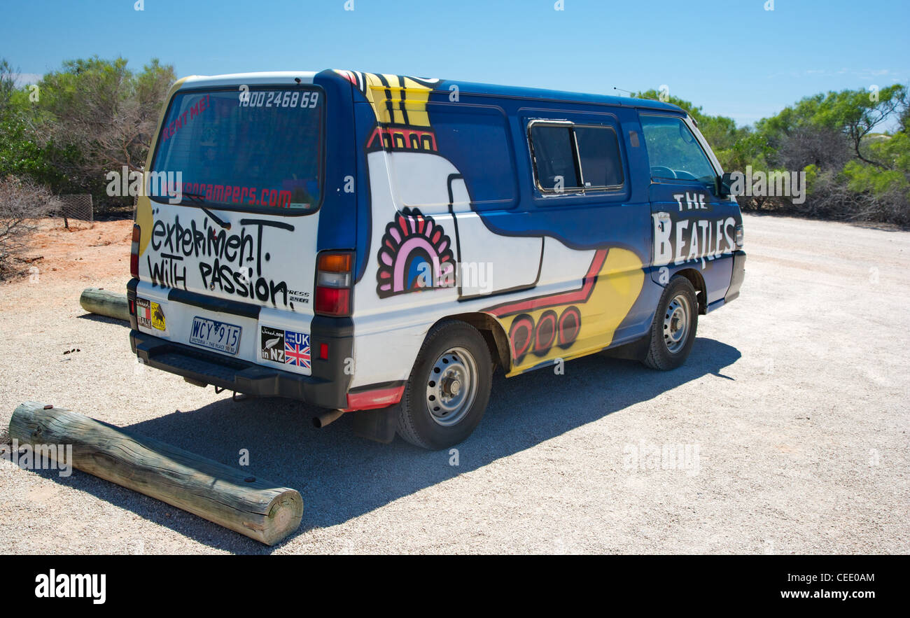 Wicked Campervans Beatles Yellow Submarine camper van in a Western Australia car park Stock Photo