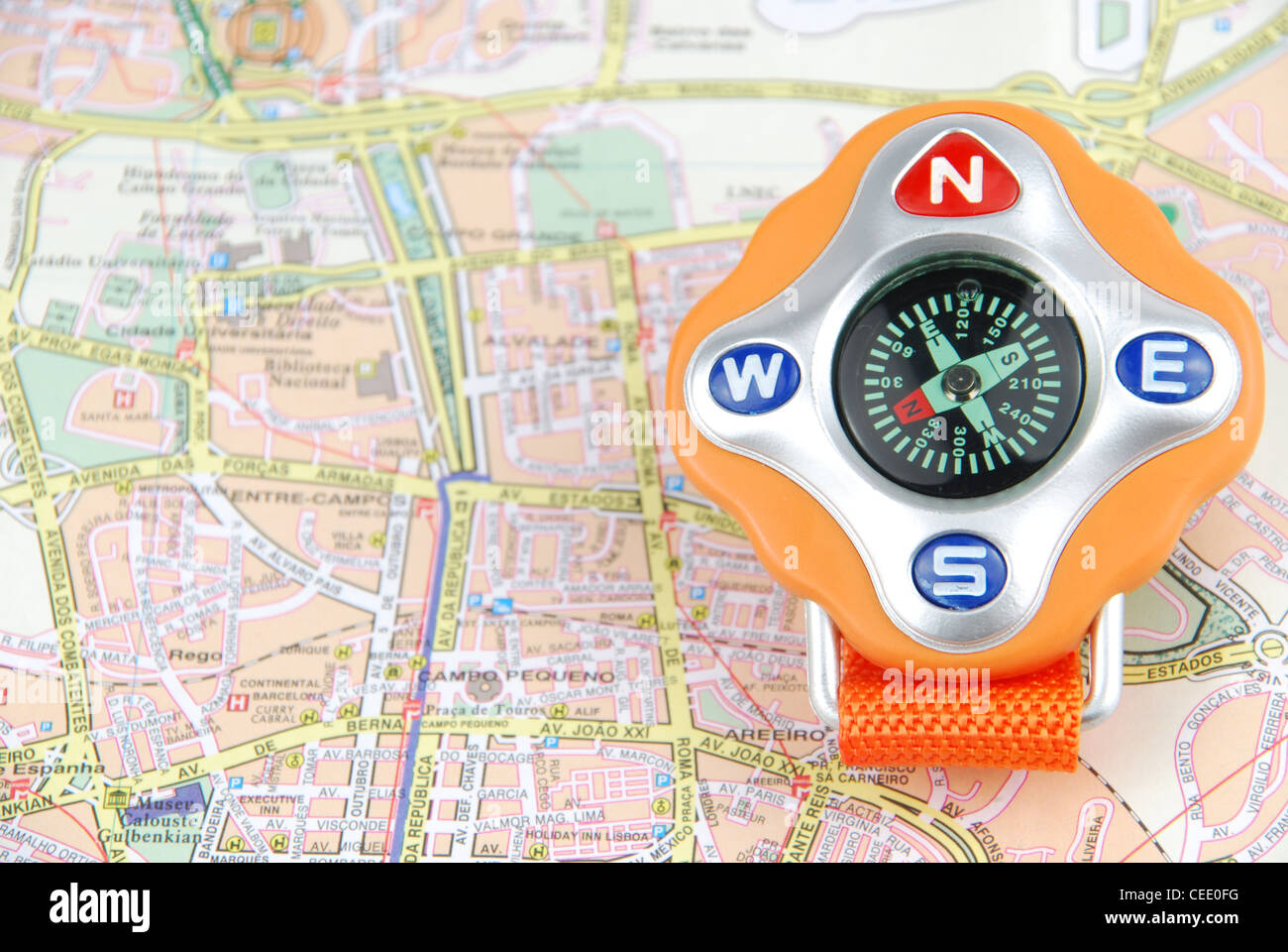 Travel concept with a compass on a map Stock Photo