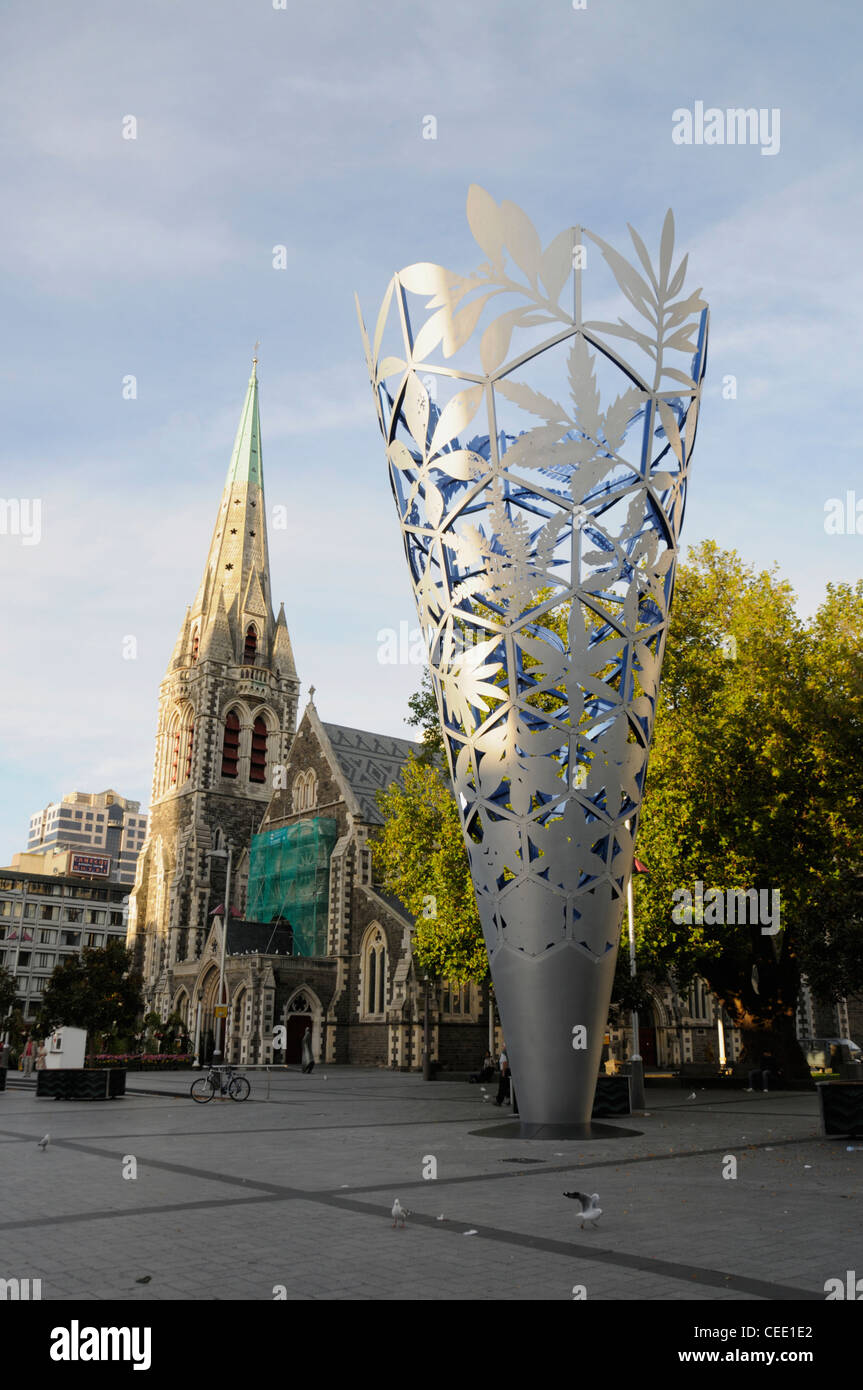 The symbolic 'Chalice' in Cathedral Square and Christchurch Cathedral in Christchurch, New Zealand. Stock Photo