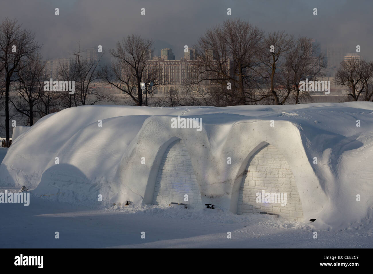 Snow shelter in ice hotel in Montreal Stock Photo