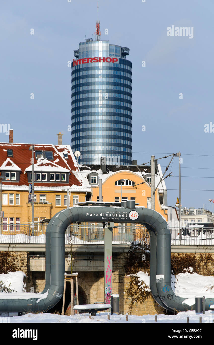 District heating pipe in front of Jentower, Jena, Thuringia, Germany, Europe Stock Photo