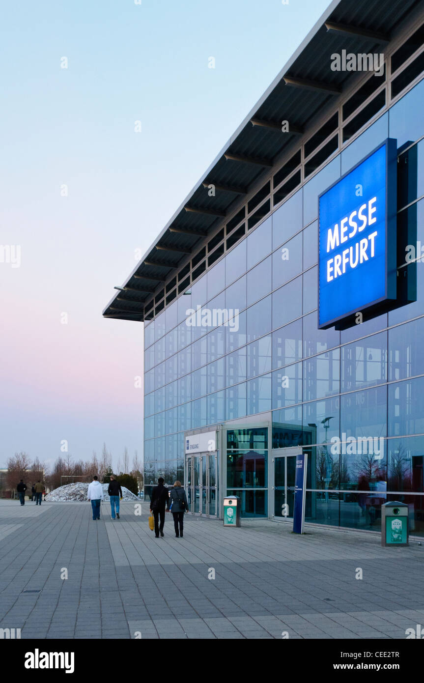 Messe Erfurt Congress Center, exhibition grounds, at dusk, Erfurt, Thuringia, Germany, Europe Stock Photo