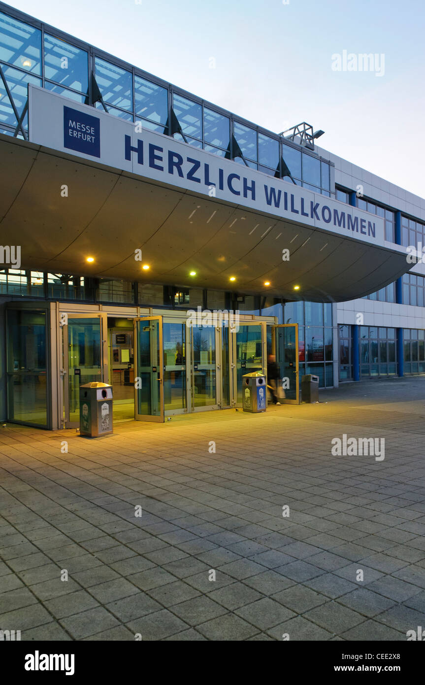 Messe Erfurt Congress Center, exhibition grounds, at dusk, Erfurt, Thuringia, Germany, Europe Stock Photo