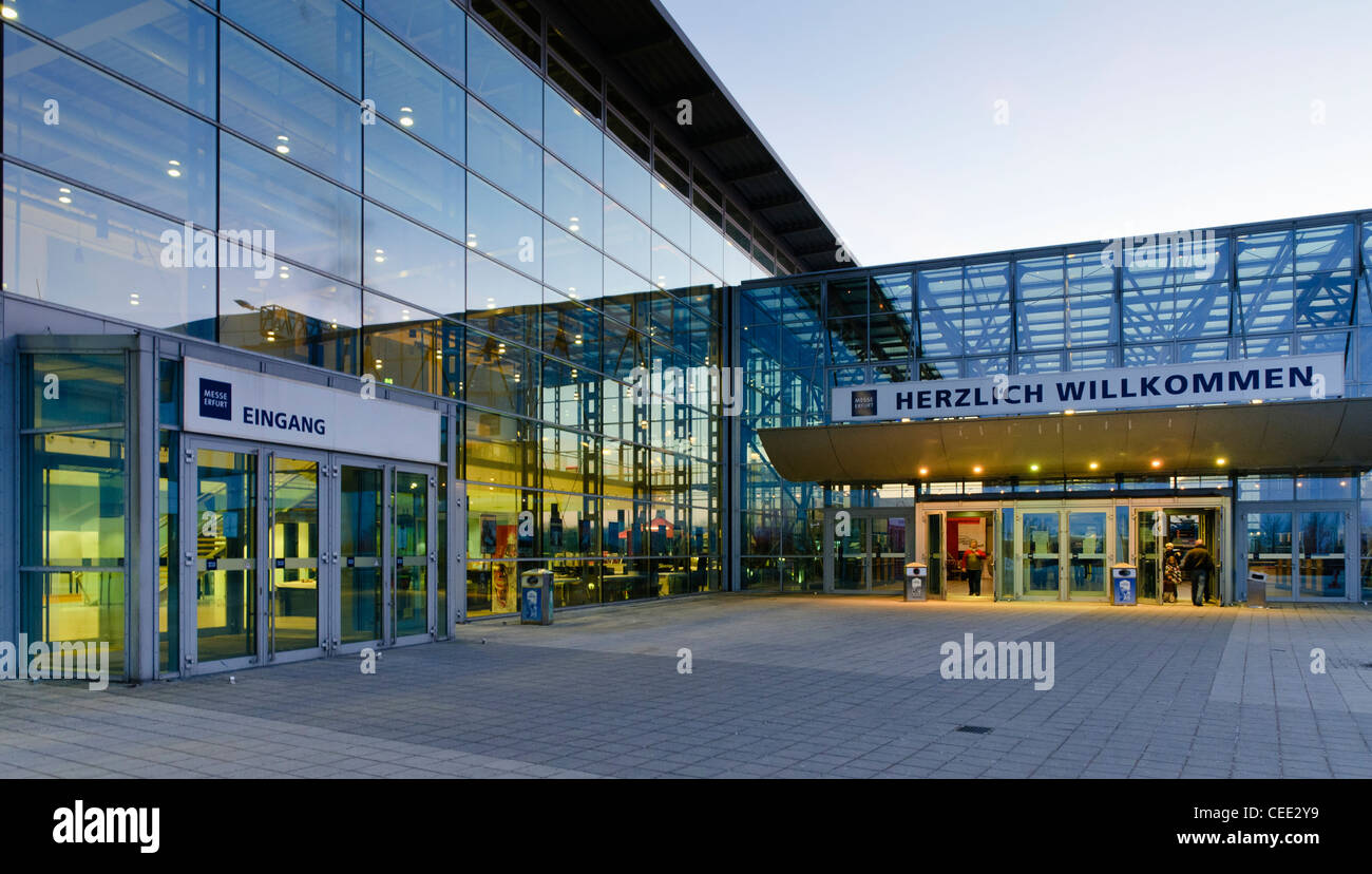 Messe Erfurt Congress Center, exhibition grounds, at dusk, Erfurt, Thuringia, Germany, Europe Stock Photo