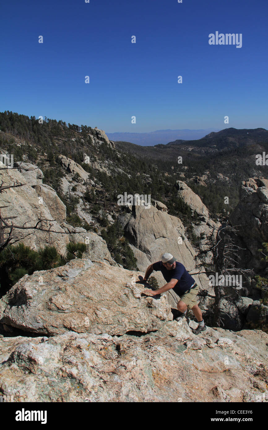 Male hiker Rock outcrops Mount Lemmon Tucson Arizona Stock Photo