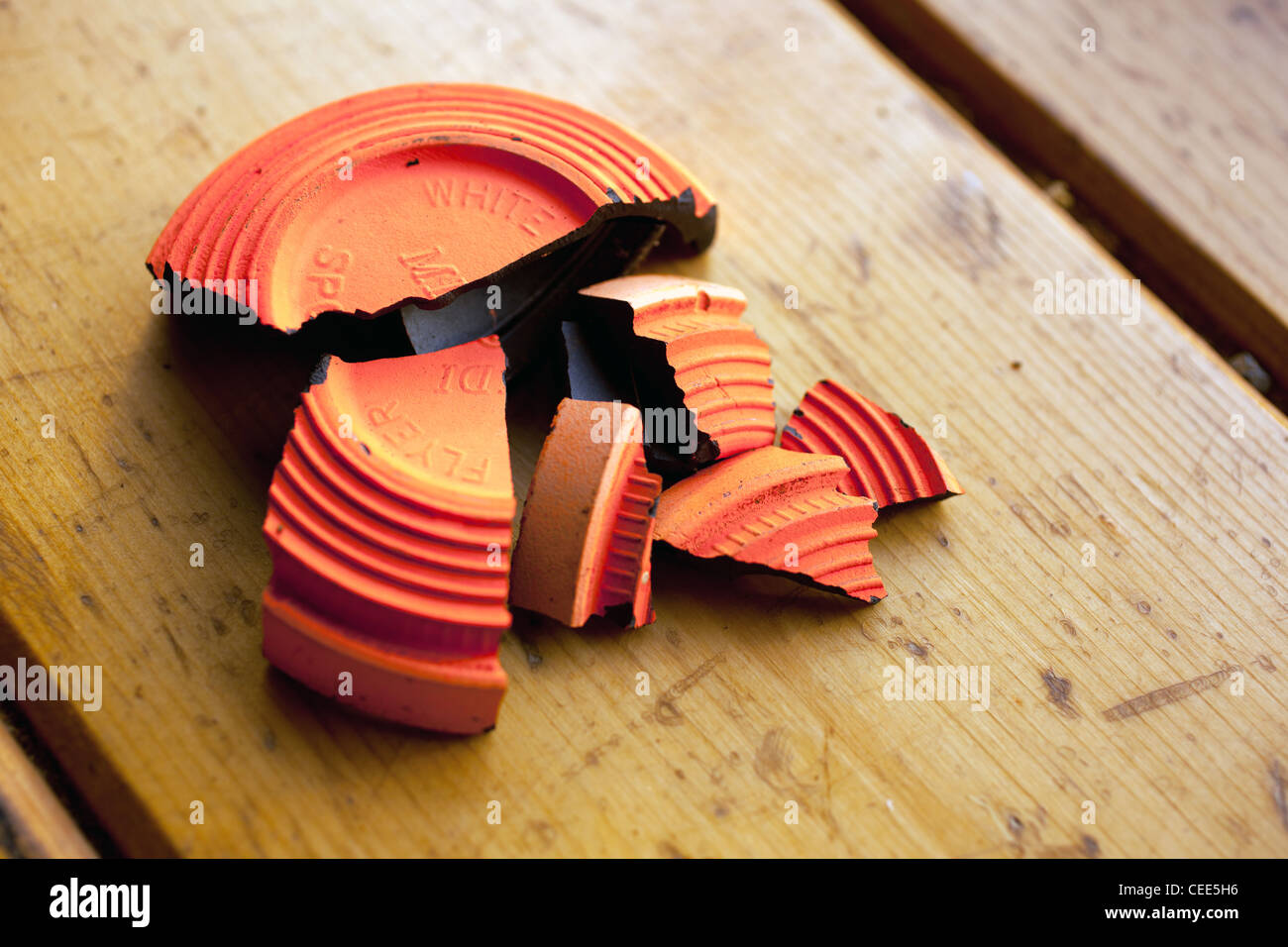 An orange clay target broken into pieces Stock Photo