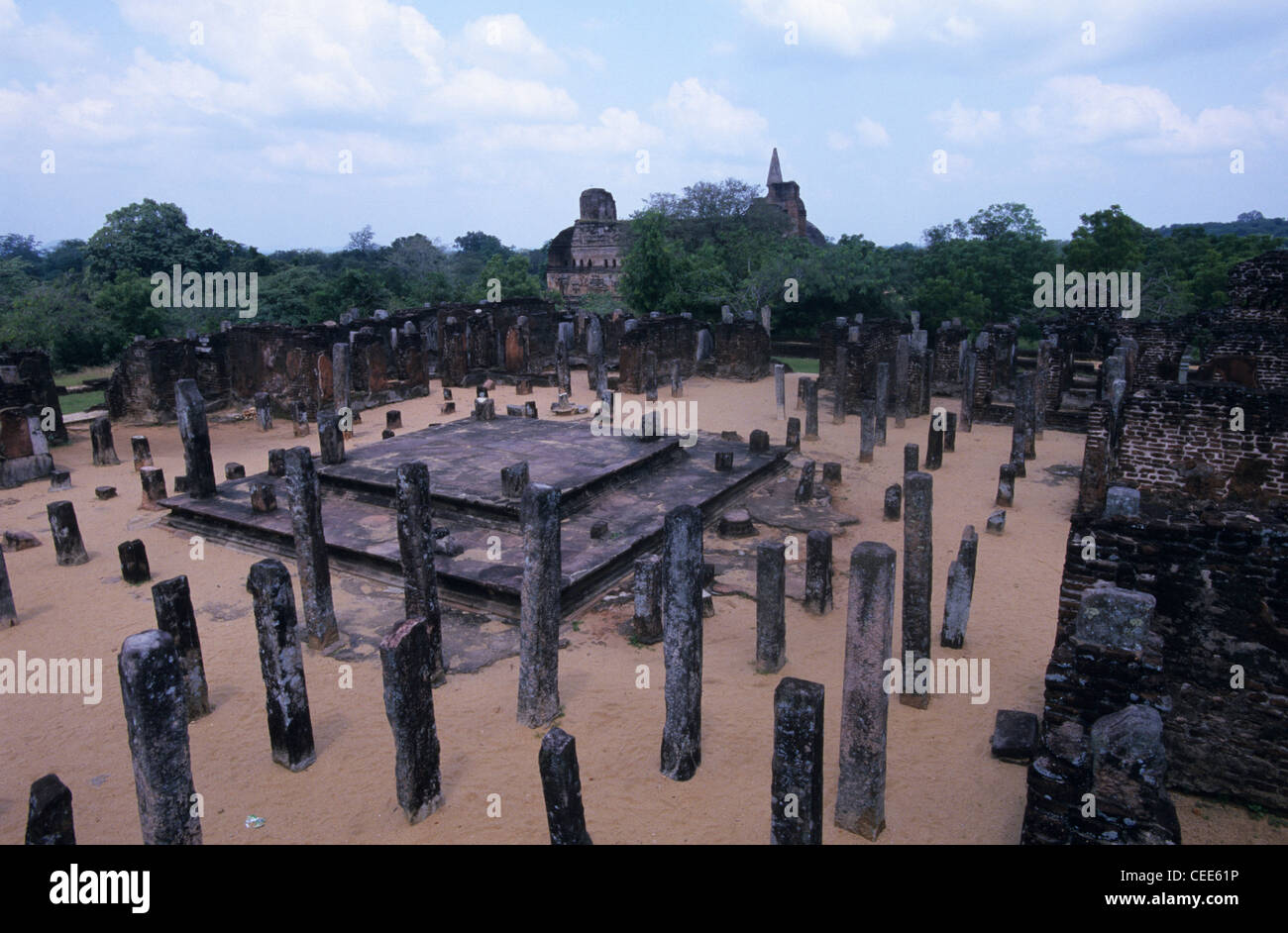Ruins of old convocation hall Buddha Seema Pasada (Baddhasima Pasada), Polonnaruwa, Sri Lanka Stock Photo