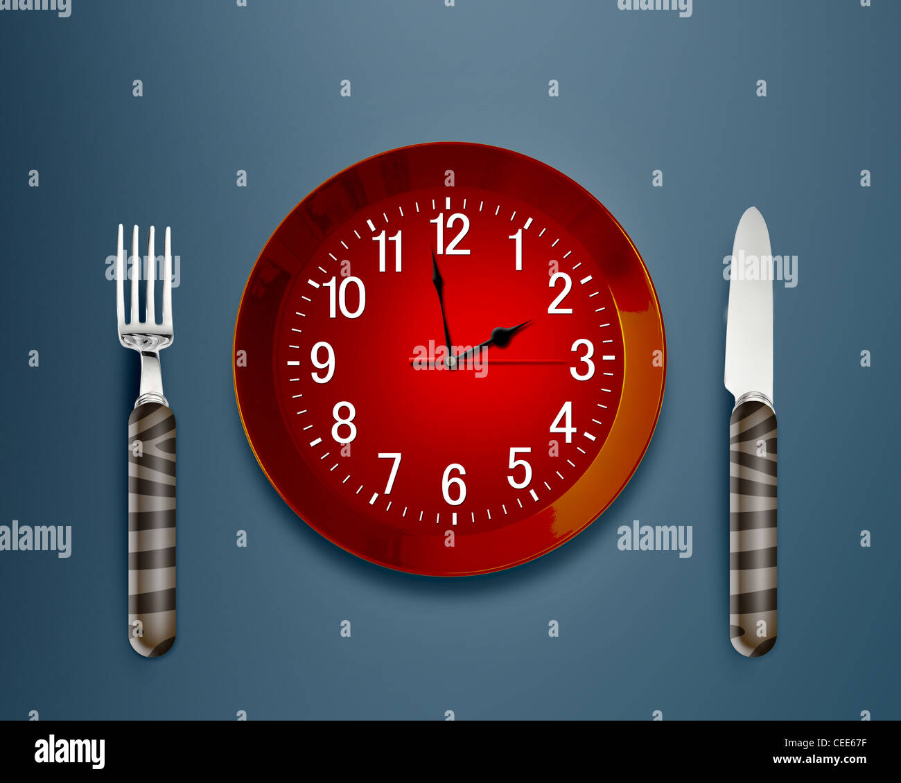 Lunch time concept, Clock in plate, knife and fork Stock Photo - Alamy