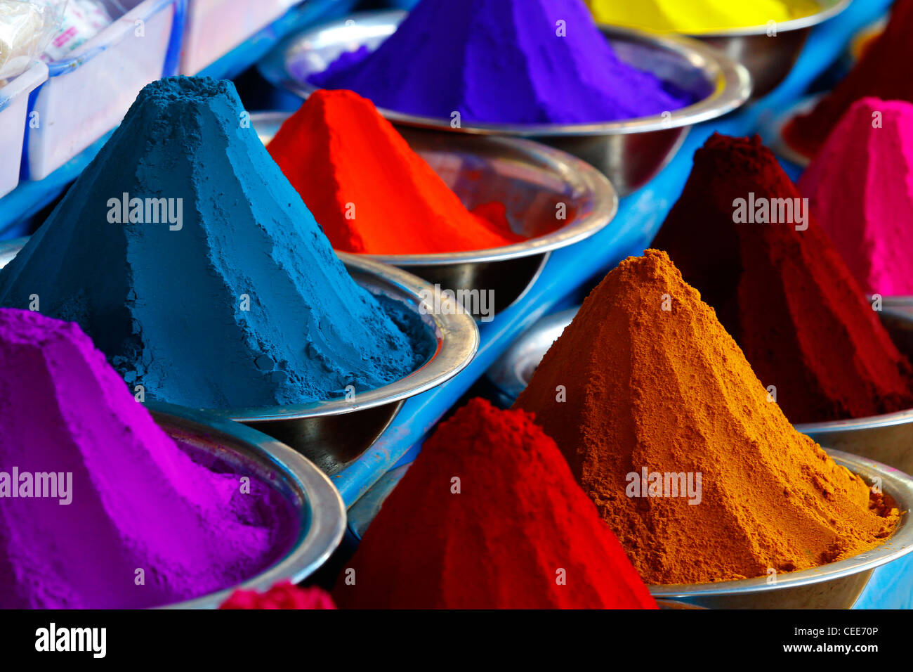 Powdered dyes in various colors for sale at the Devaraja Market in Mysore, Karnataka, India. Stock Photo