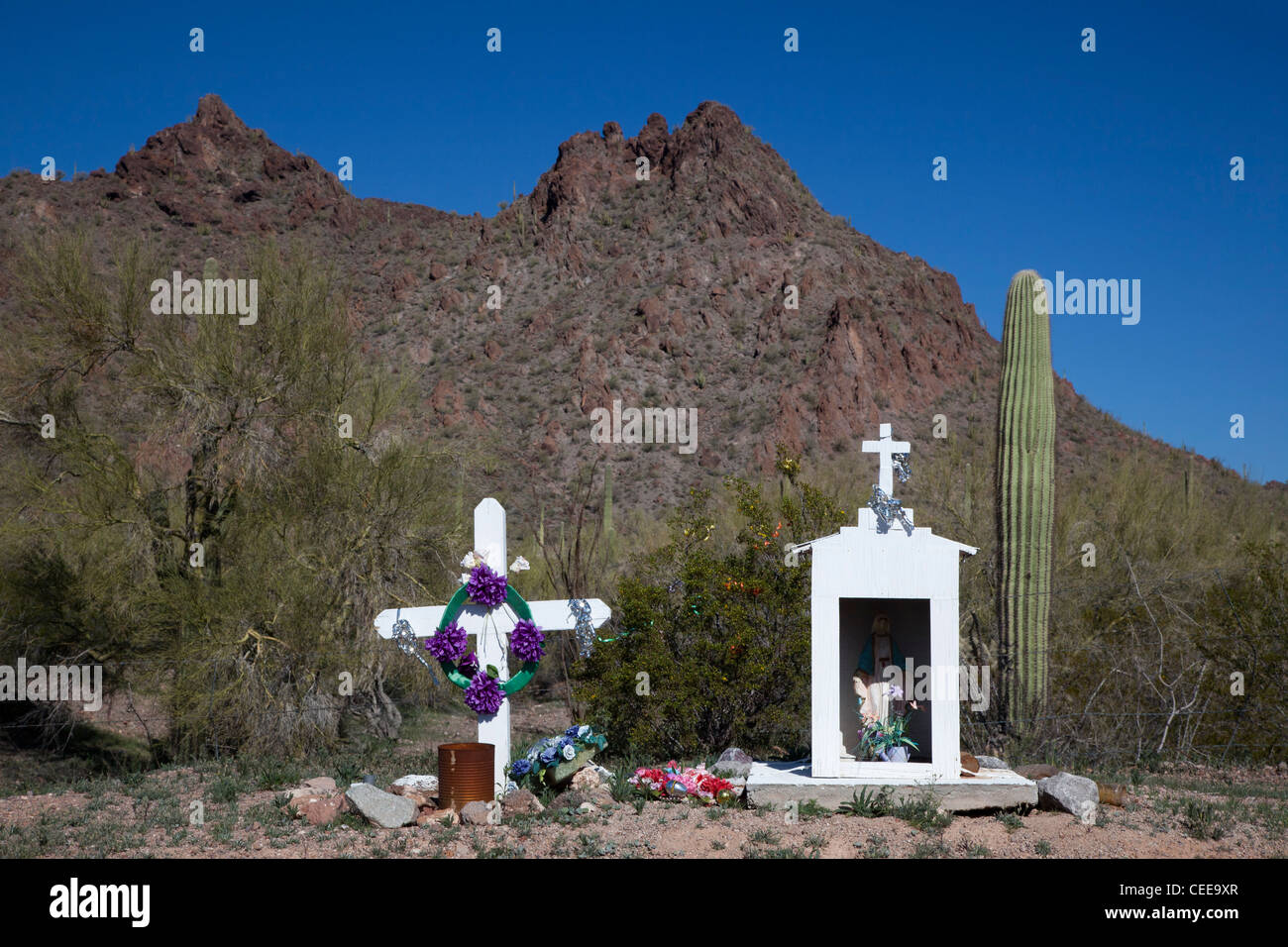 A shrine at the side of a road on the Tohono O'odham Indian Reservation. Stock Photo