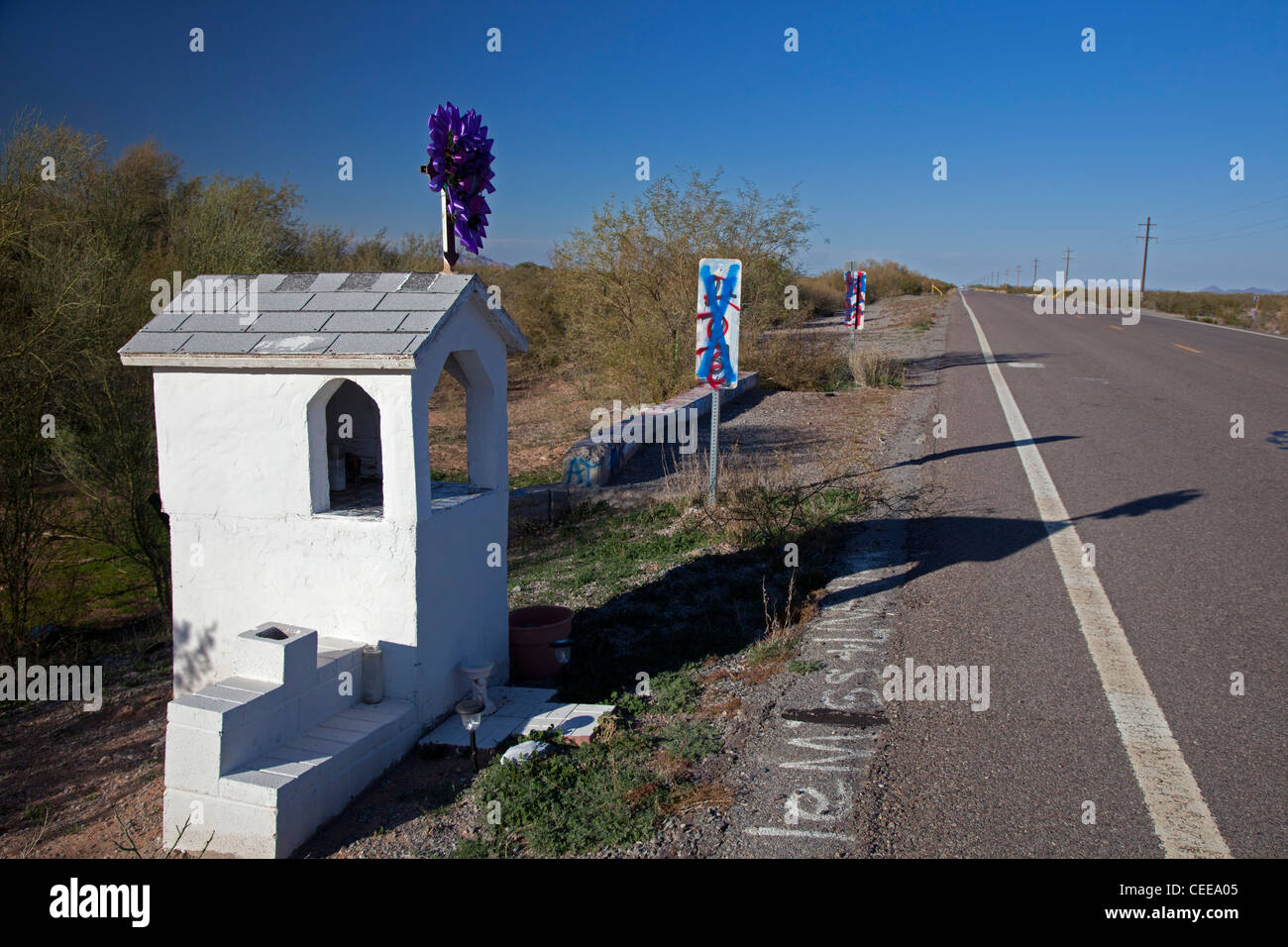 A shrine at the side of a road on the Tohono O'odham Indian Reservation. Stock Photo