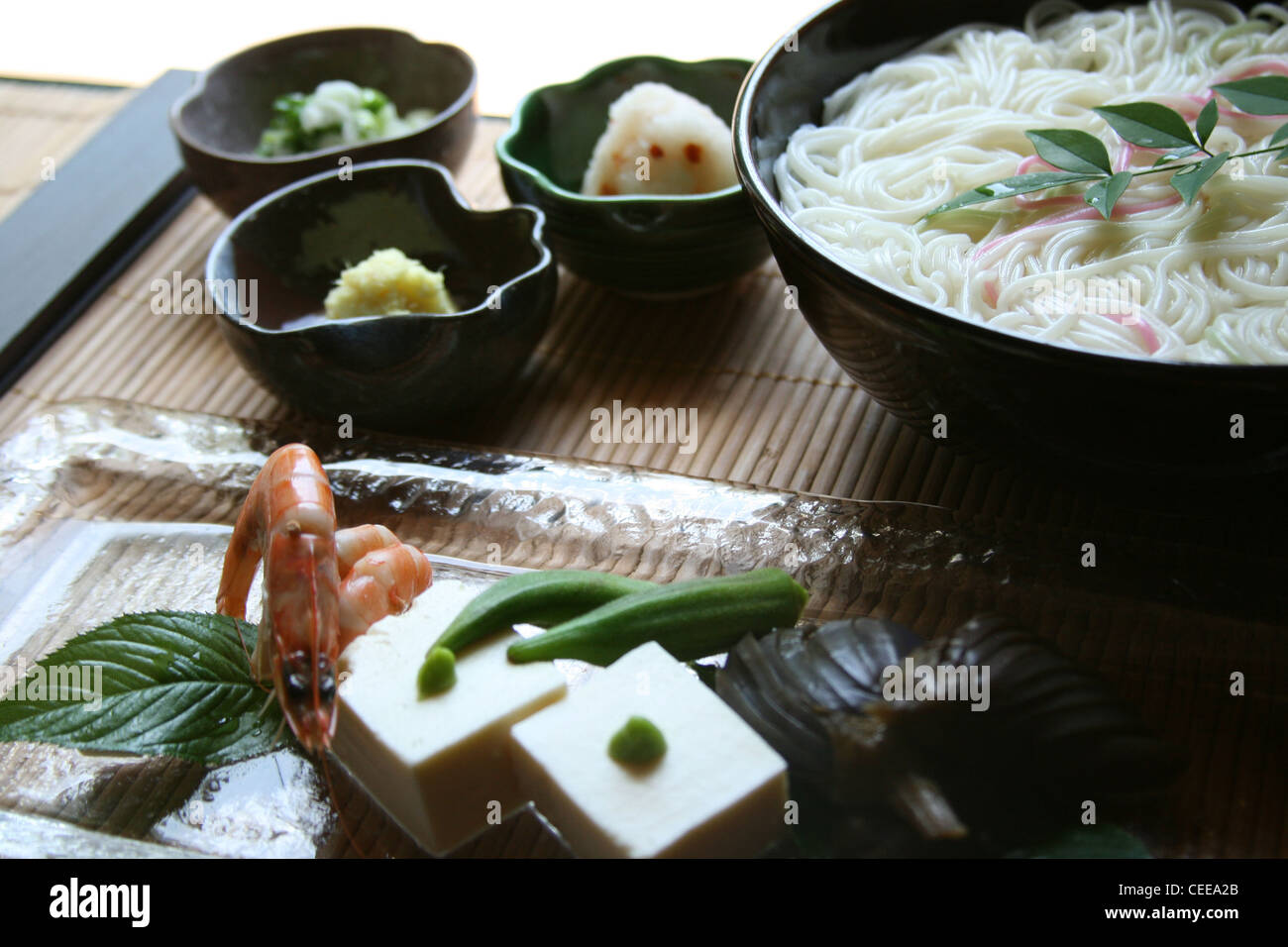 Authentic Japanese meal cold noodles somen, side dishes, pickles, tofu