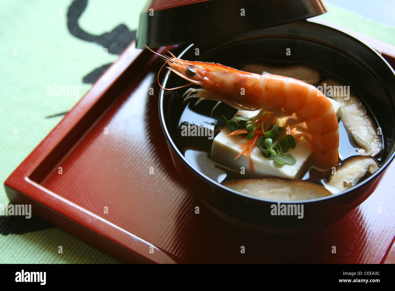 Shiitake served in traditional bowl lacquer tray kanji place mat hires