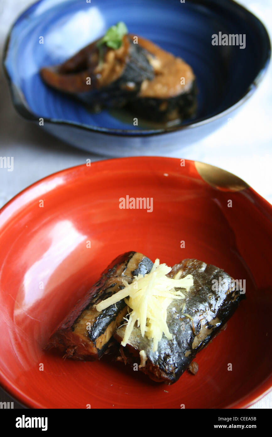 Grilled prepared authentic Japanese style fish with shredded ginger
