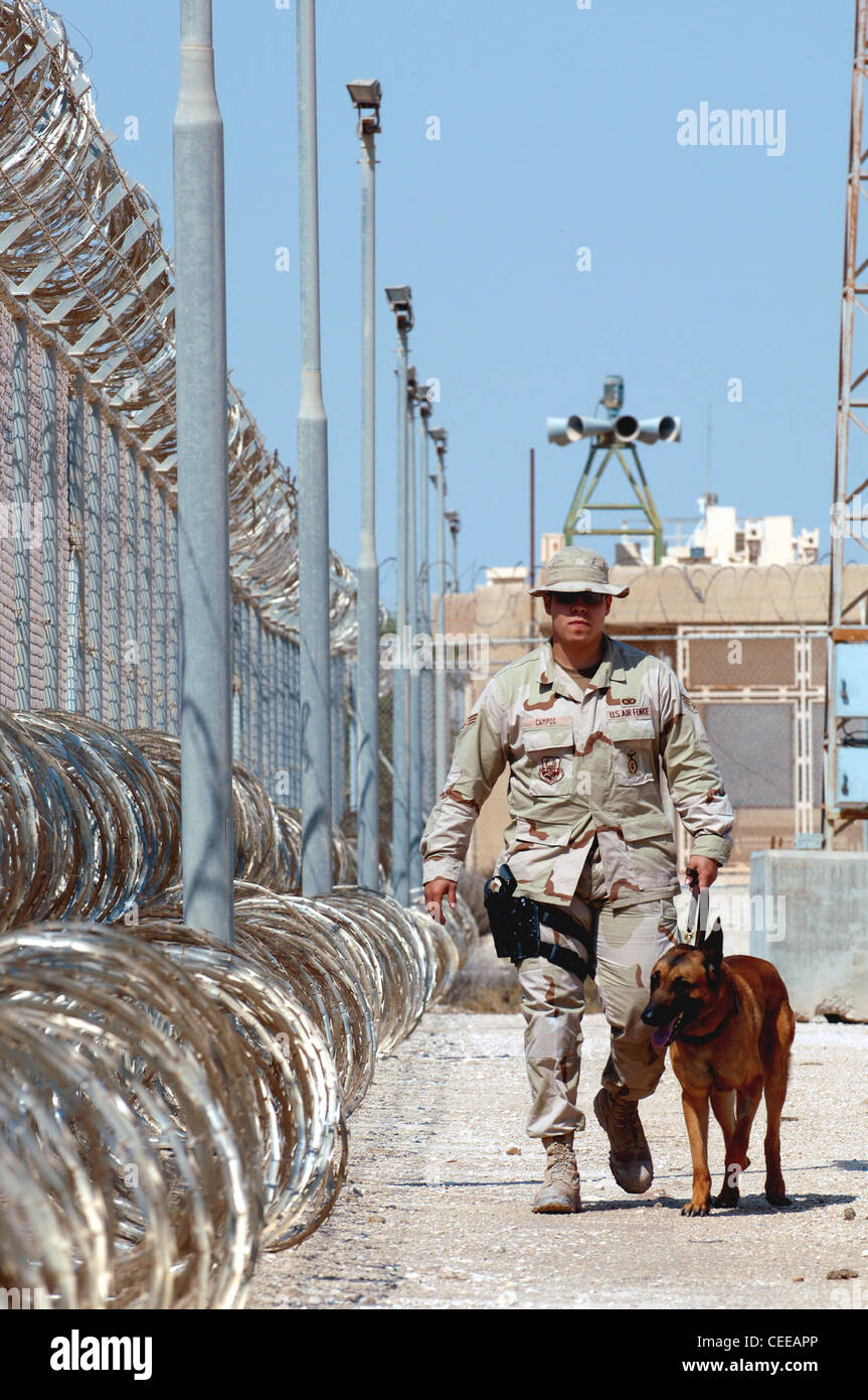 Senior Airman Martin Campos patrols the fence line at a deployed location with his military working dog, Rico, Feb. 24. Airman Campos and Rico, a Belgian Malinois, are with the 379th Expeditionary Security Forces Squadron. Stock Photo