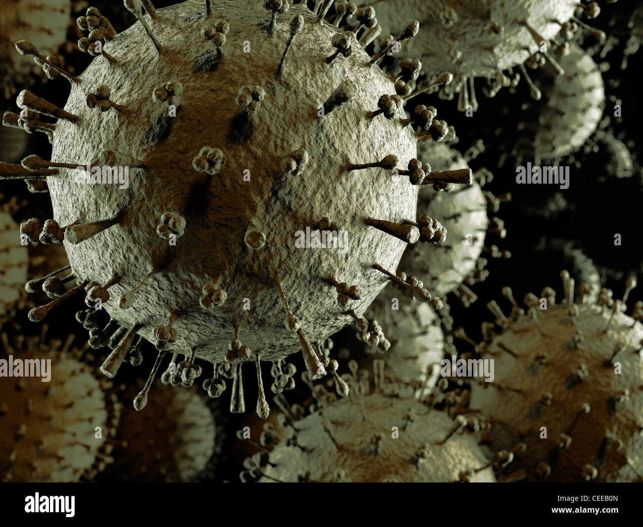 influenza A Flu virus H1N1 H5N1 particle cloud. Colored in red 3D illustration of spreading virus Swine flu, avian flu epidemic Stock Photo