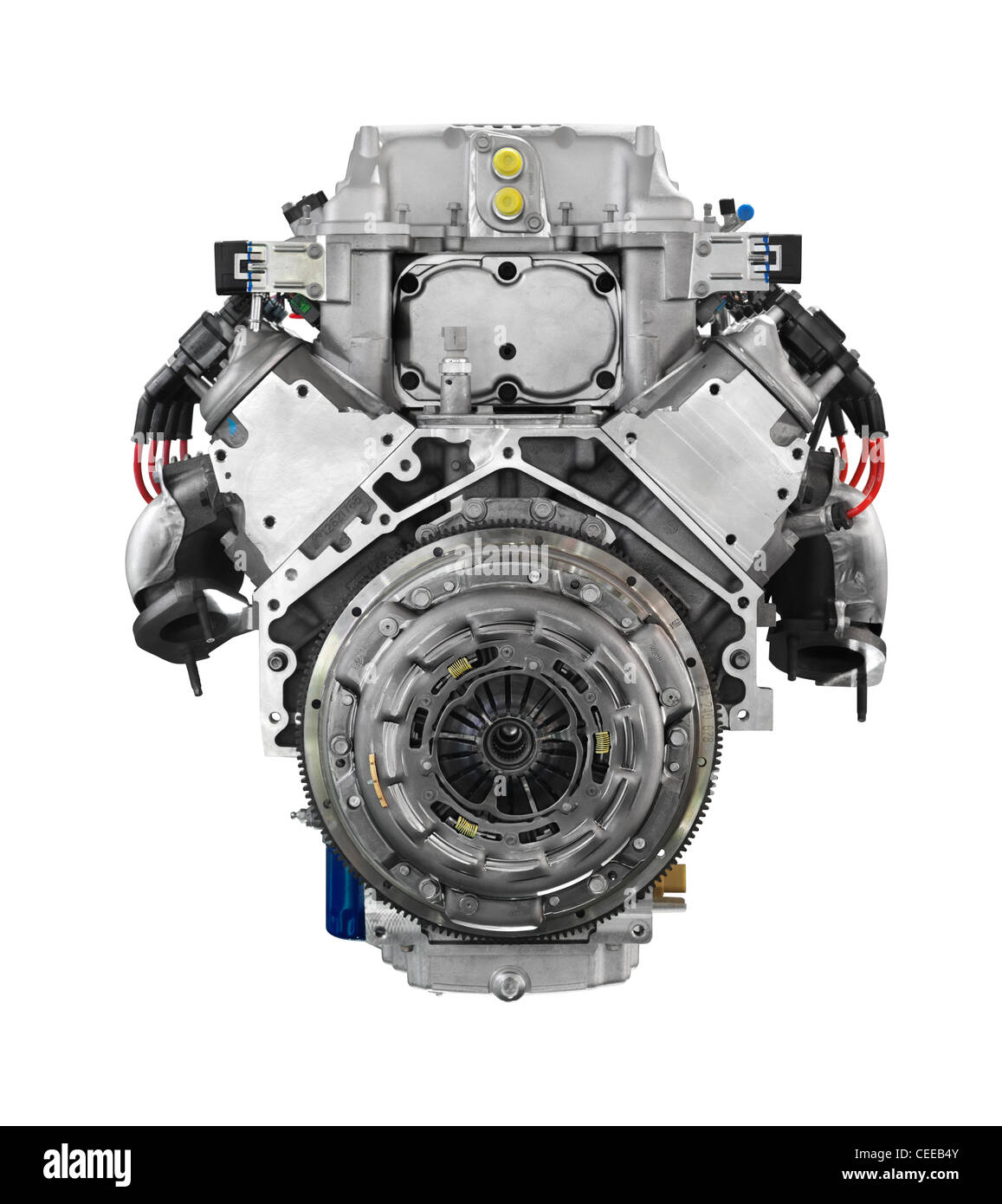 License available at MaximImages.com - Cadillac 556HP 6.2L V8 car engine from the clutch side isolated on white background with clipping path Stock Photo